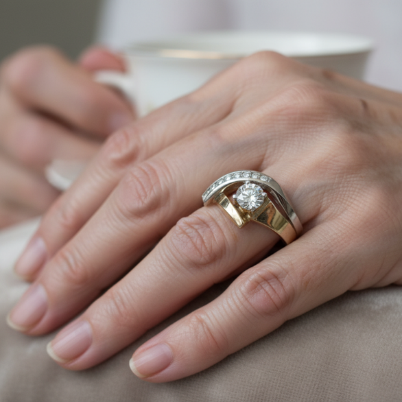 Vintage ring med uregelmæssig form i guld og sølv med zirkonia