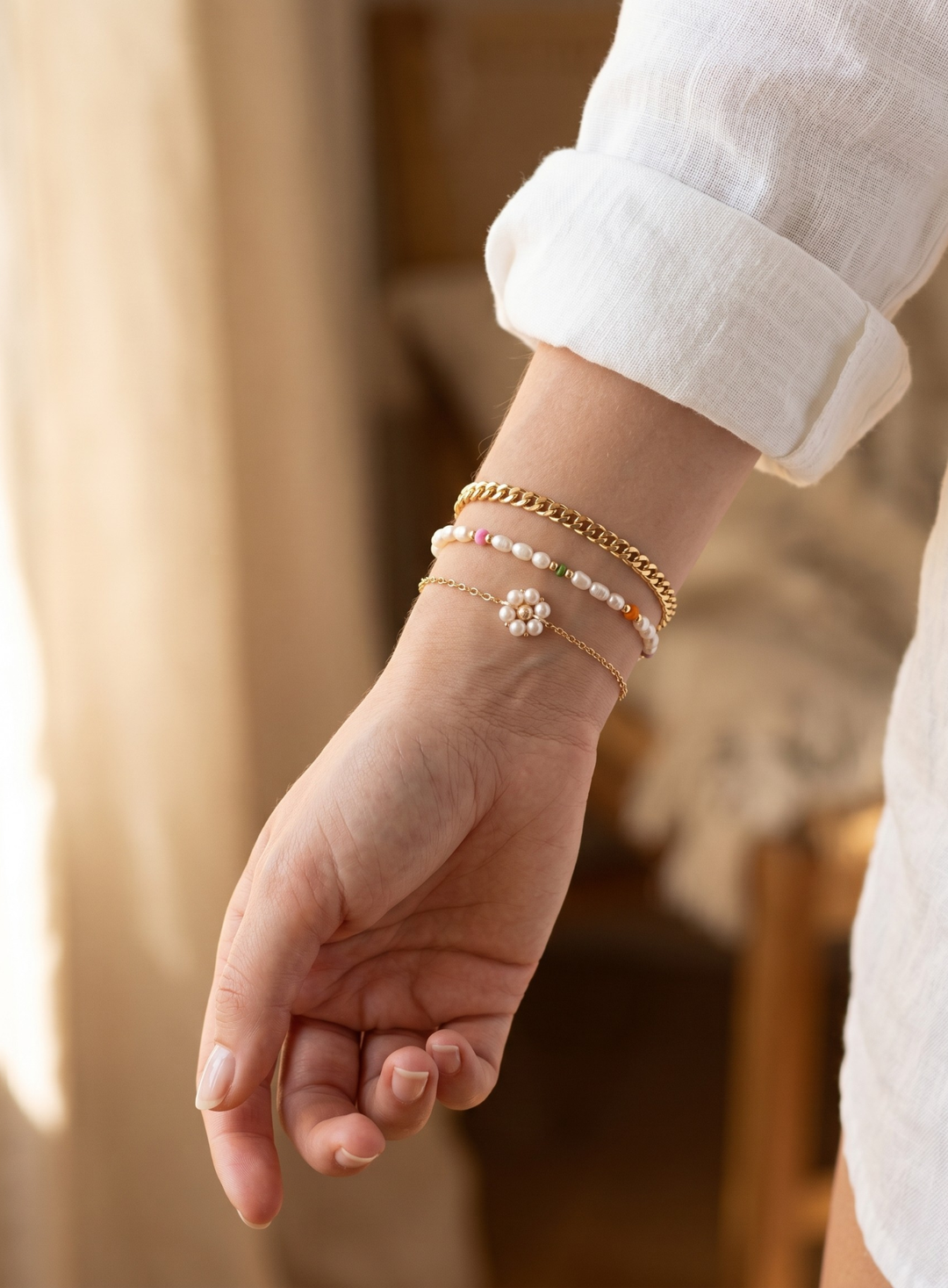 Sæt af Armbånd i Guld og Perler