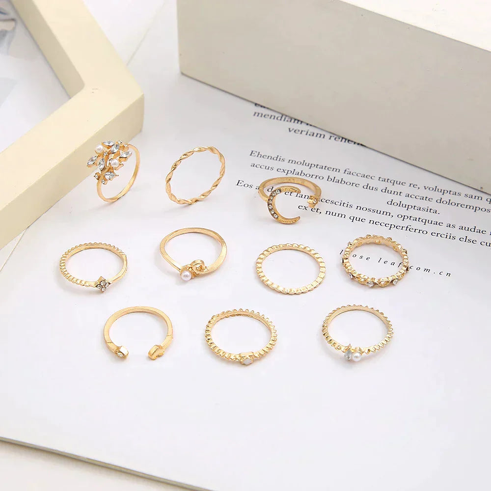 Conjunto de 10 Anillos Bohemios Baño de Plata y Oro