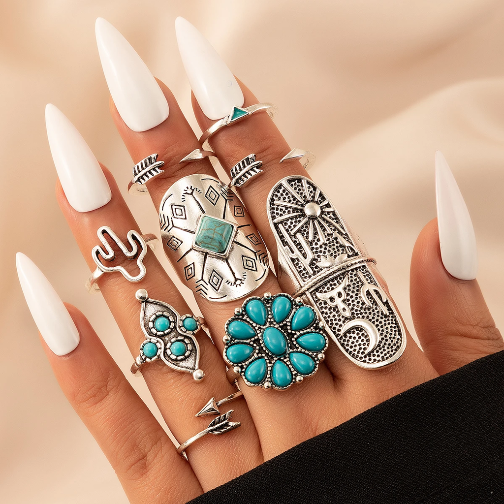 Conjunto de anillos vintage en plata y turquesa