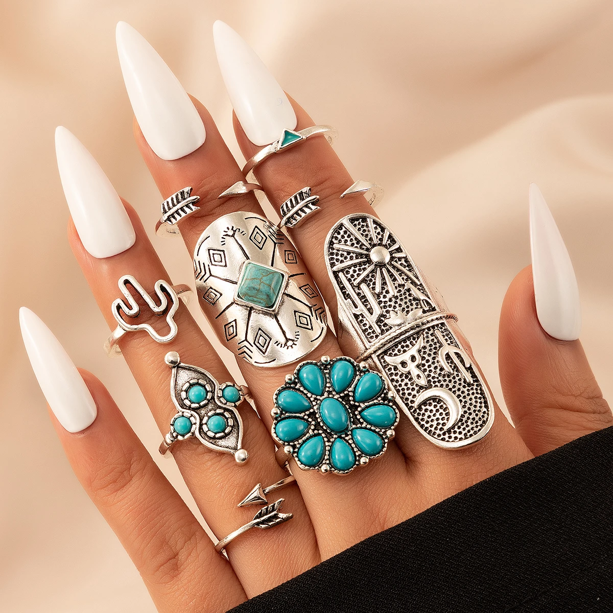Conjunto de anillos vintage en plata y turquesa