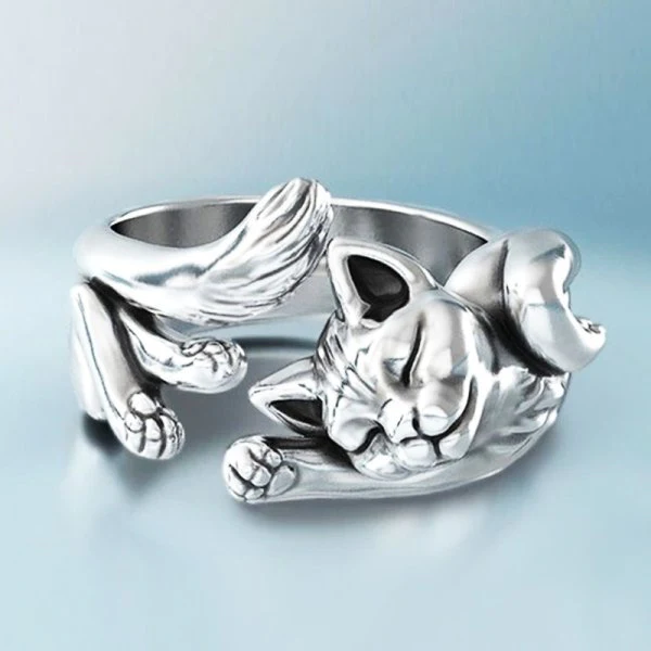 Vintage Prilagodljiv Prstan s Mačkom iz Srebra