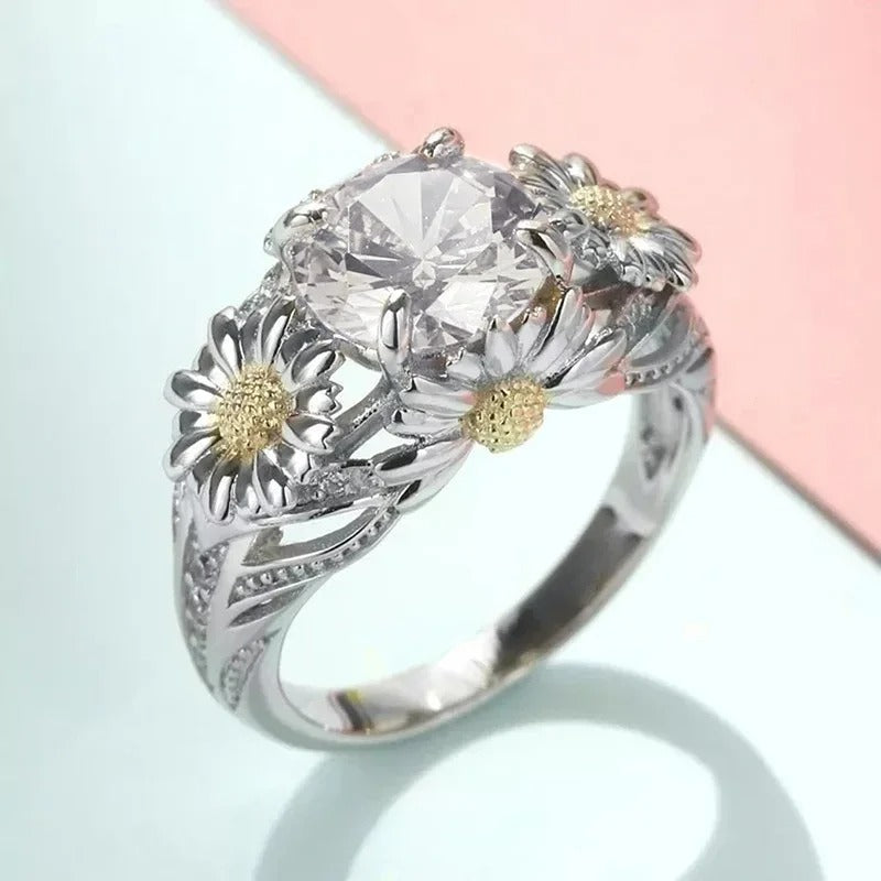 Vintage ring med solsikke i gult og sølv